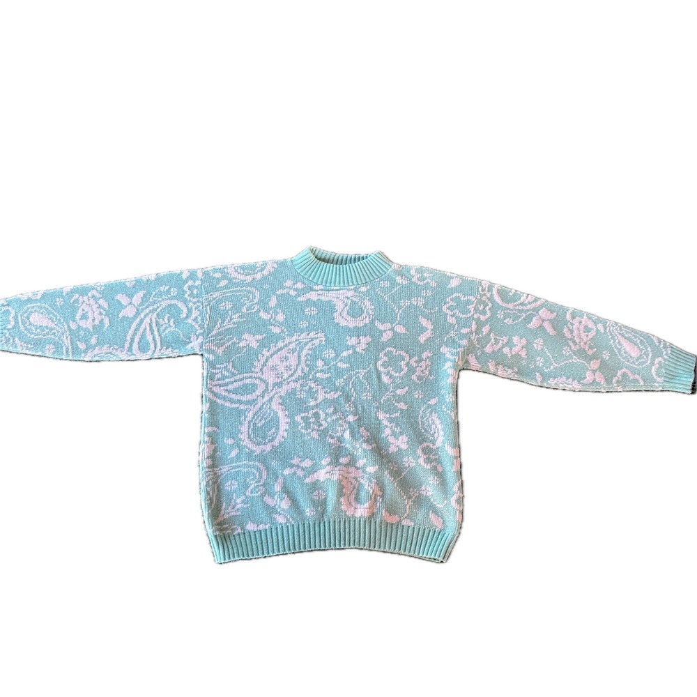 Vintage Sweater Exchange Mint Green Glitter Accent Paisley  Knit Sweater Women M